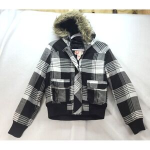 Vtg Large OP Ocean Pacific Faux Fur Lined Hooded Plaid Jacket Y2k Full Zip Snap